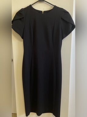 Calvin Klein Tulip Sleeve Black Crepe Midi Sheath Dress Sz 8